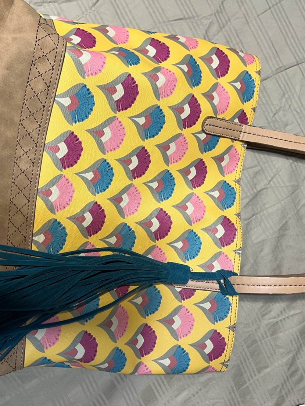 Women’s Yellow Print Tote Bag with Teal Tassel